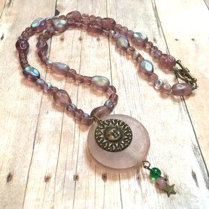 Handmade Lilac Celestial Glass Beaded Necklace Sun Pendant Purple Iridescent